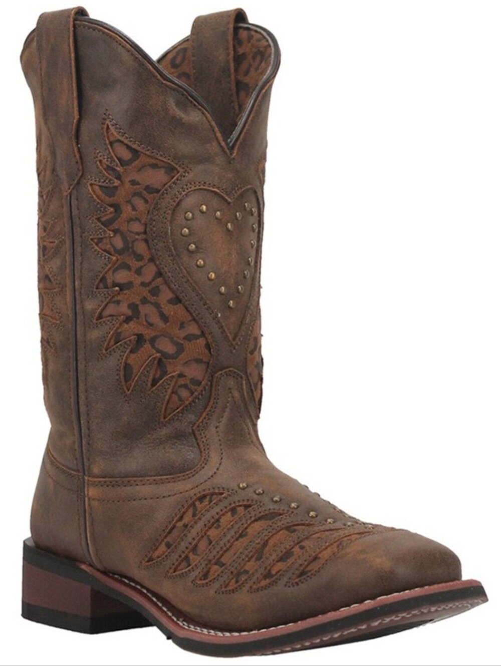 Laredo Stella Leather Leopard Print Inlay Studded Western Boots Womens 7.5 M